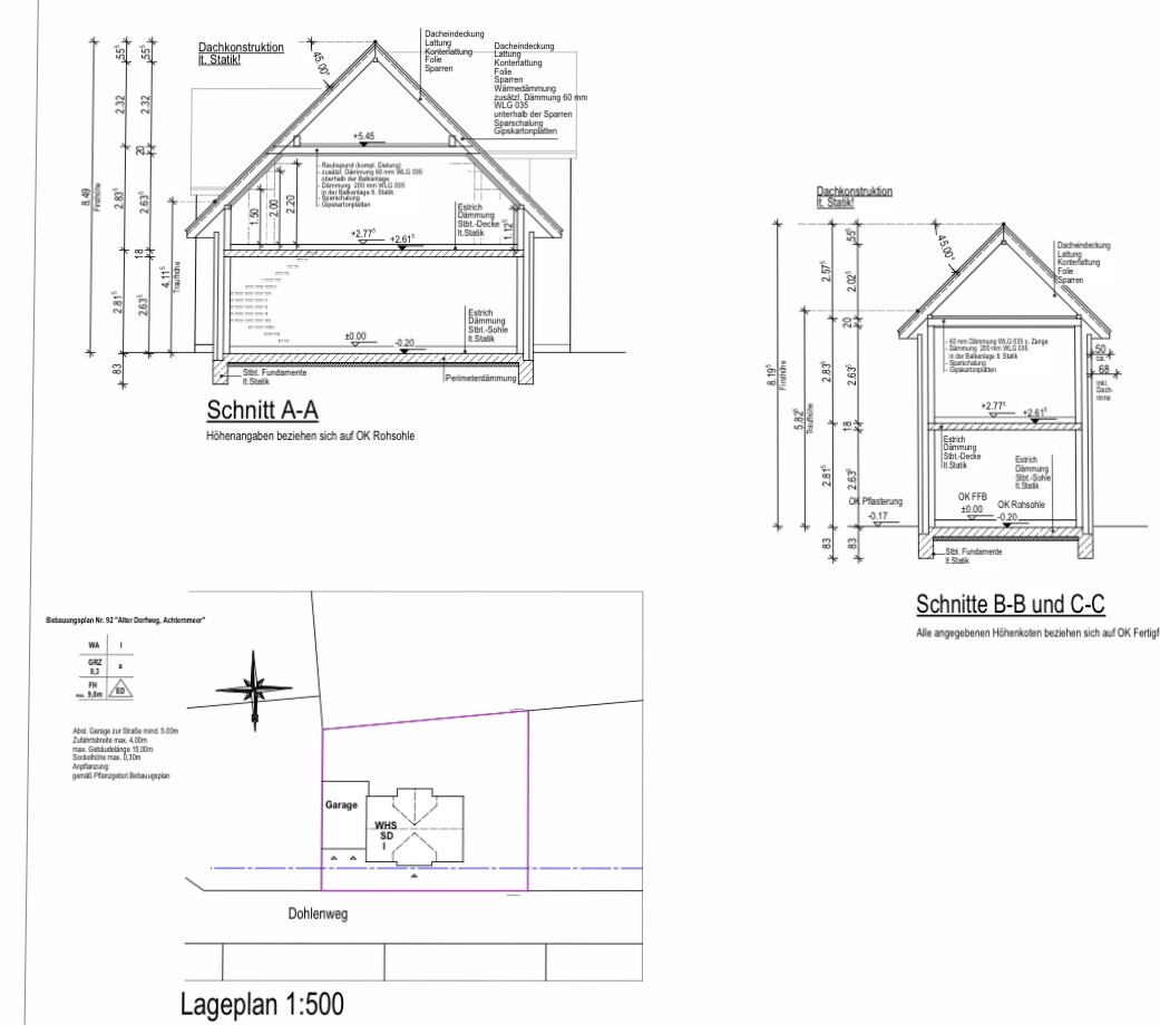 Architectural plans: cross-section A-A, sections B-B and C-C, site plan 1:500 with garage at Dohlenweg.