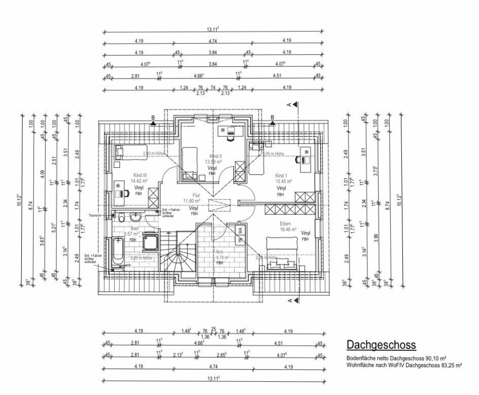 Attic floor plan with master bedroom, children’s rooms, bathroom, corridor, storage room, stairwell