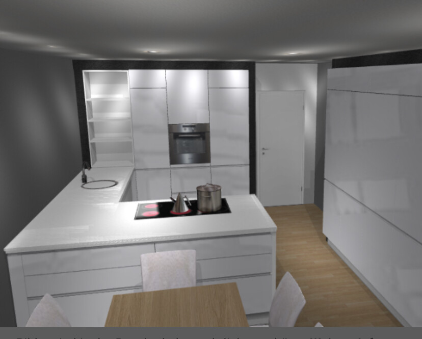 Modern white kitchen with island, stove, pot, oven, and dining table in the foreground.