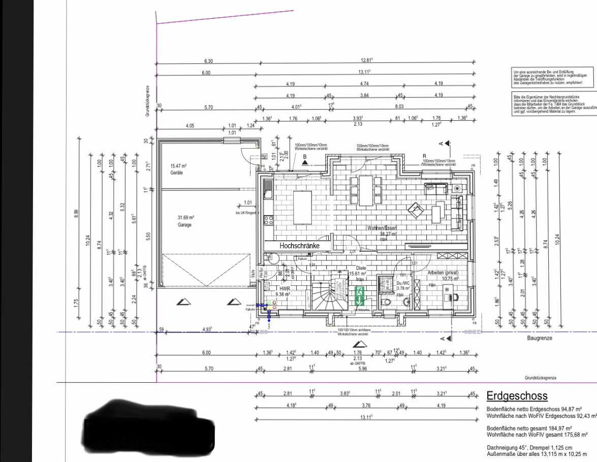 2D ground floor plan with living room, kitchen, hallway, and garage, measurements visible