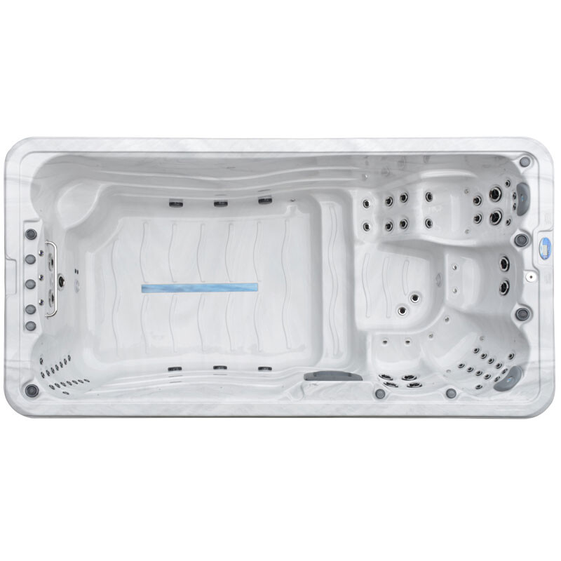 Large white jacuzzi bathtub with many jets, top view