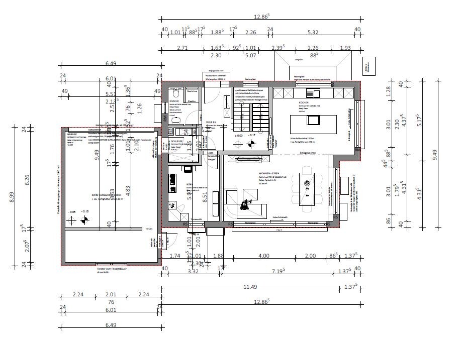 Detailed floor plan of a house with room layout, dimensions, and doors