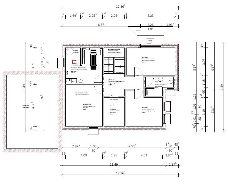 Floor plan of a building with multiple rooms (workshop, storage, technical room) and dimension lines.