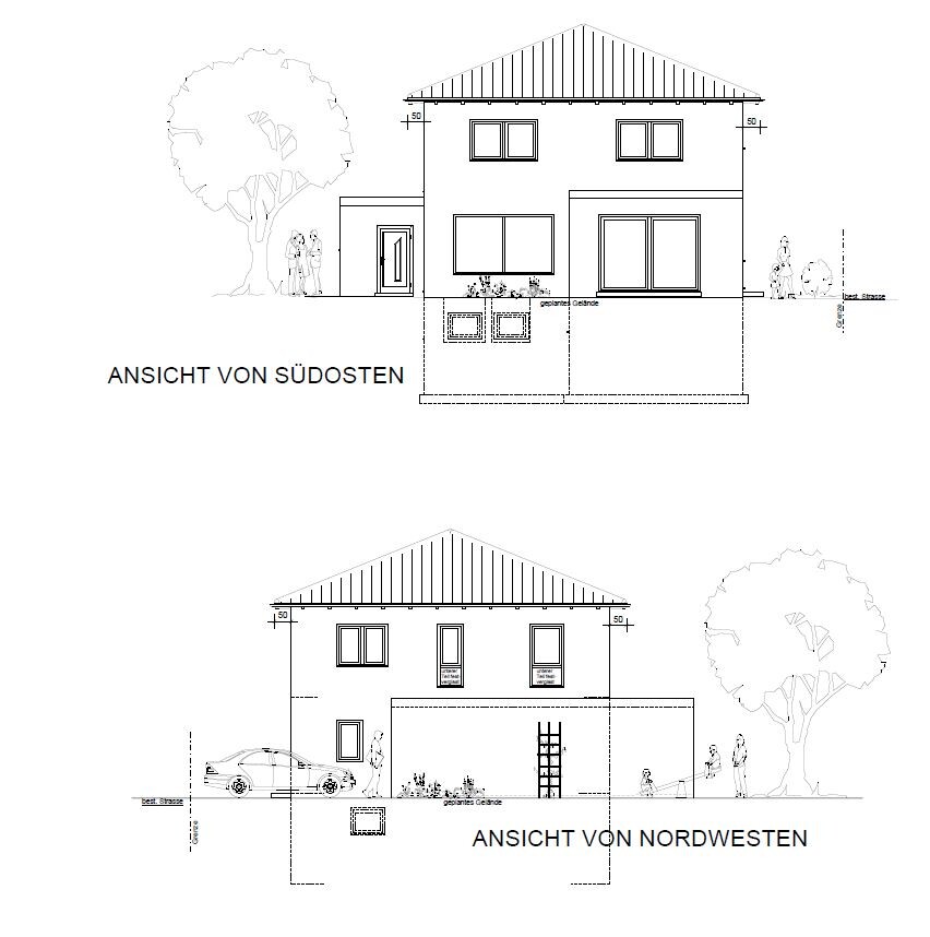 Architect’s drawing: views from southeast and northwest of a two-story house with garden, tree, car.