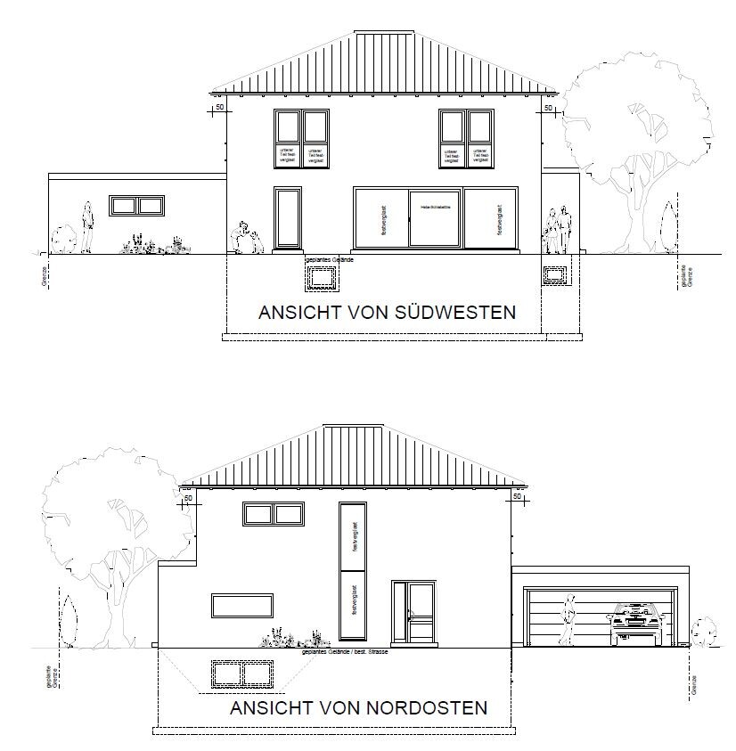 Architect’s drawing of a house: southwest and northeast elevations with windows, doors, and garage.