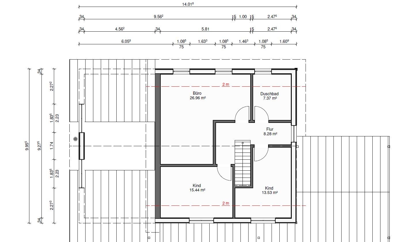 Floor plan of an upper floor with office, shower bathroom, hallway, two children’s rooms, and staircase.