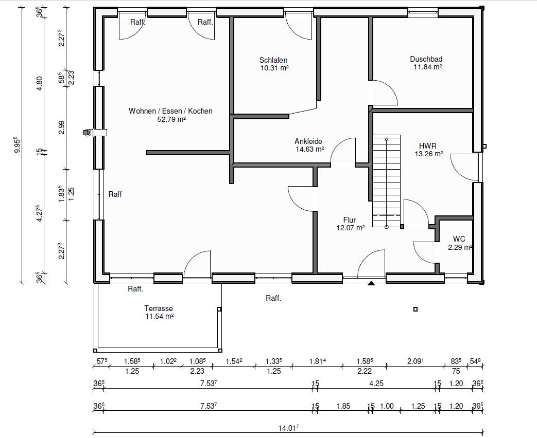 Floor plan of a house: living/dining/kitchen, sleeping, dressing, hallway, shower bathroom, WC, terrace.