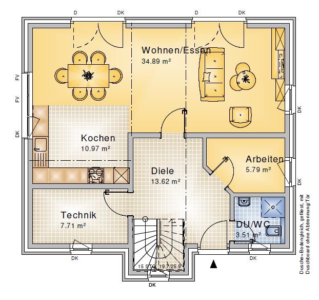 Grundriss eines Hauses: Räume Küche, Wohnen/Essen, Diele, Arbeiten, Technik, DU/WC