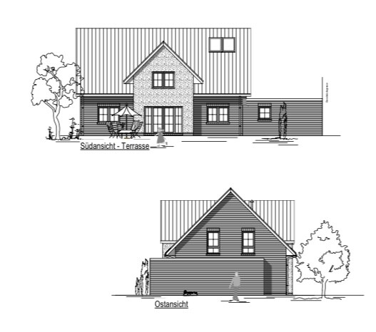 Architektonische Zeichnung eines Hauses: Südansicht mit Terrasse und Ostansicht.