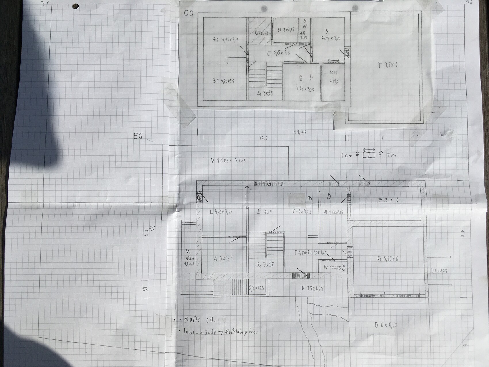 Hand-drawn floor plan of a two-story house with ground and upper floors and dimensions.