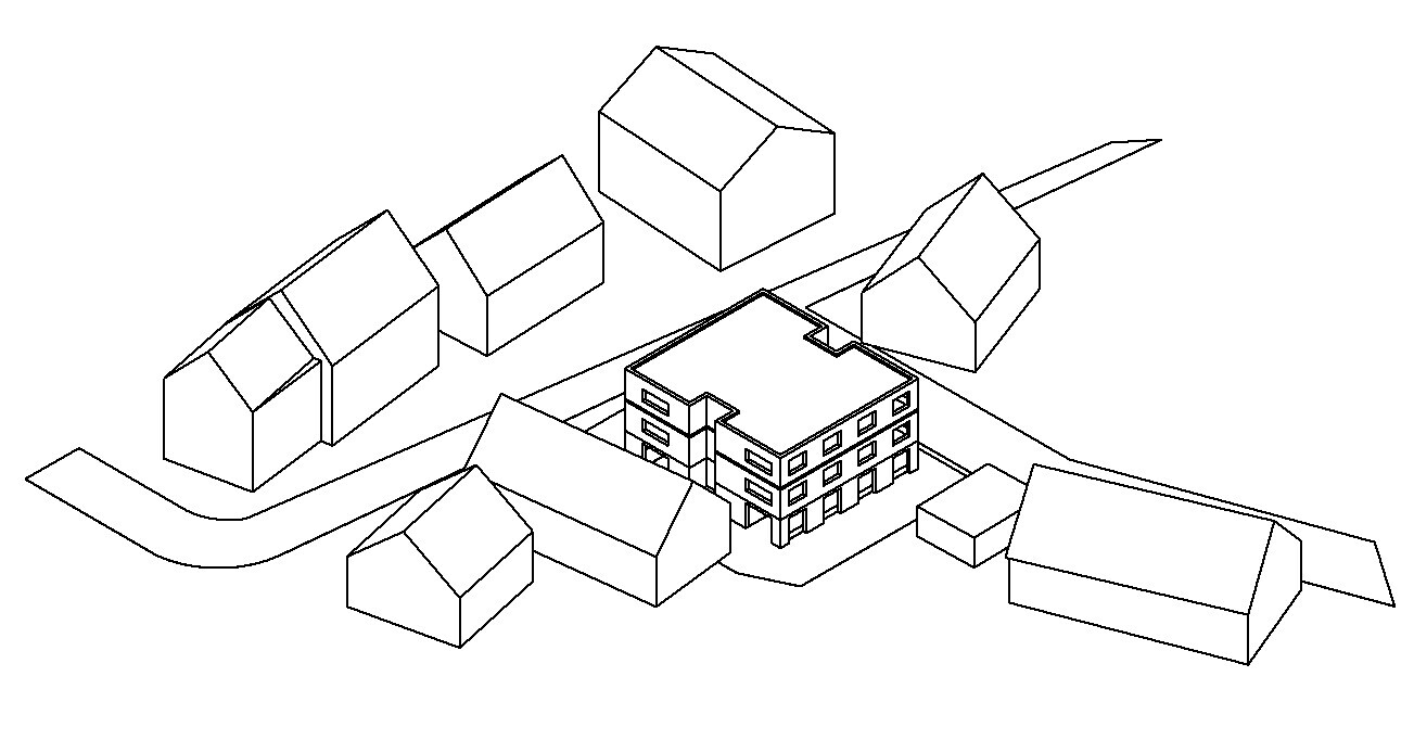 Isometric line drawing of a residential area with a central apartment building