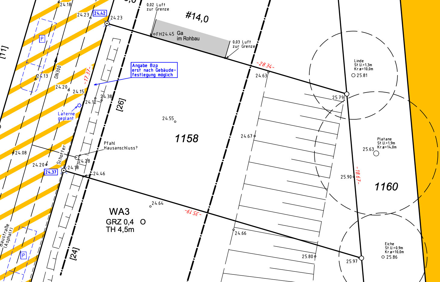 Site plan of a building plot with parcels, boundary lines, and building markings
