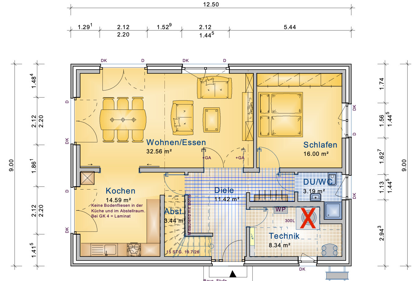 2D floor plan of a single-family house with kitchen, living room, bedroom, and hallway