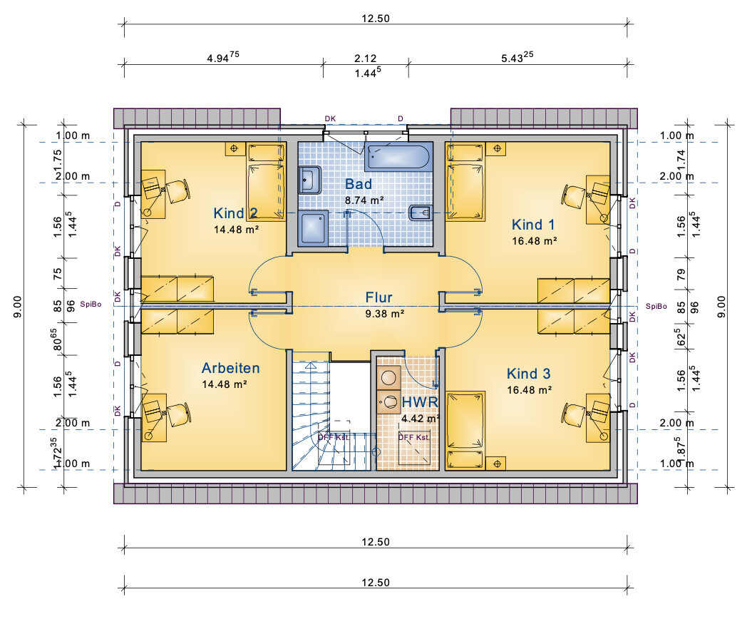 Detailed floor plan of an upper floor with children's rooms, study rooms, and bath
