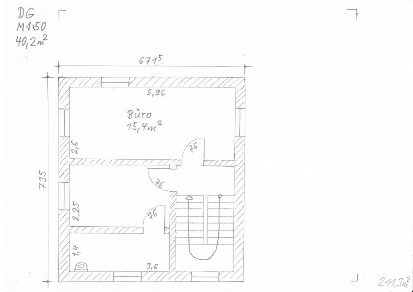 Hand-drawn attic floor plan: Office 15.4 m² (166 ft²), corridor, stairwell, doors, dimensions.