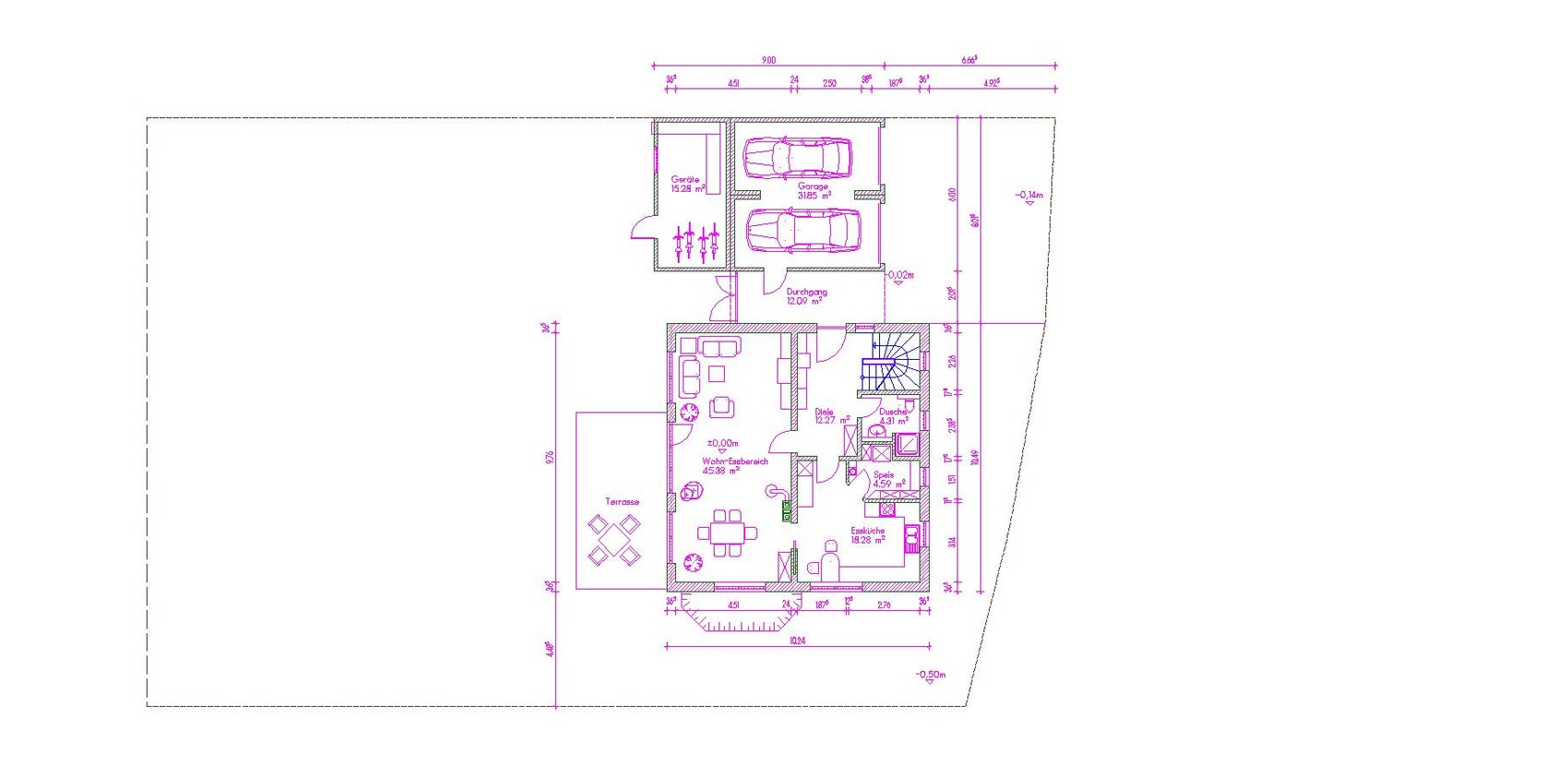 2D floor plan of a house with garage, terrace, and living-dining area