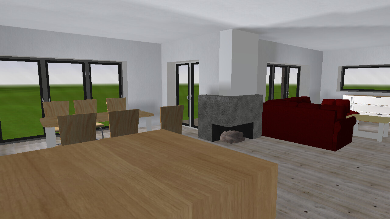 Open living and dining area with wooden table, fireplace and red sofas, view to the garden