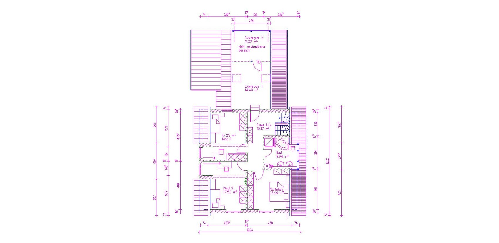 Floor plan of a house with rooms, stairs, and attic