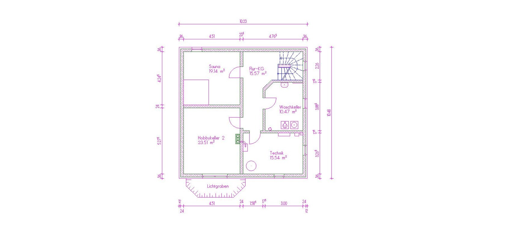 Basement floor plan with sauna, laundry room, and technical room