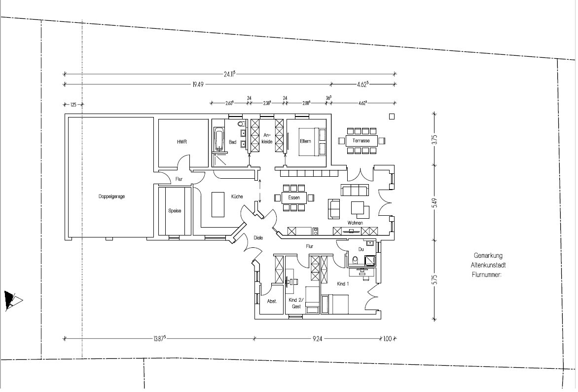 Grundriss eines Hauses: Küche, Essen, Wohnen, Bad, HWR, Eltern-/Kinderzimmer, Terrasse, Doppelgarage