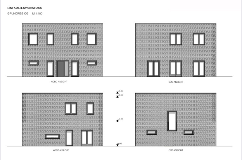 Einfamilienhaus mit Ziegelsteinfassade; Nord-, Süd-, West- und Ostansicht mit Fenstern und Türen