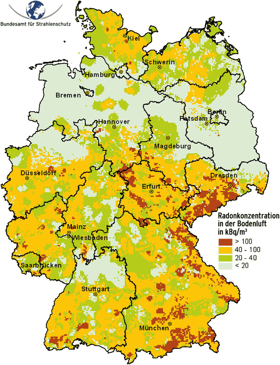 Map of Germany showing radon concentration in soil gas (kBq/m^3) and city names.
