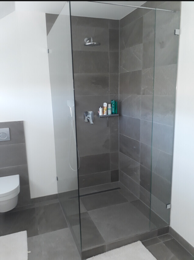 Modern glass shower area with gray tiles, showerhead, shelf with products; toilet on the left.