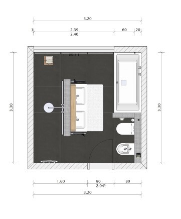 2D layout of a small bathroom with bathtub, toilet, and washbasin