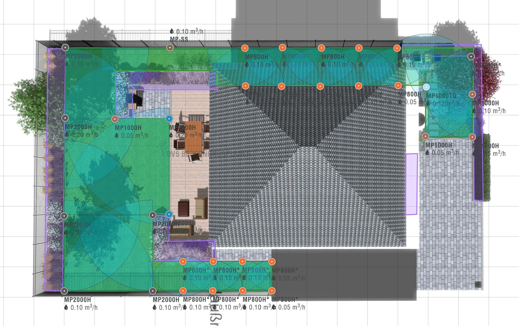 Top-down floor plan of a house with roof, terrace and garden