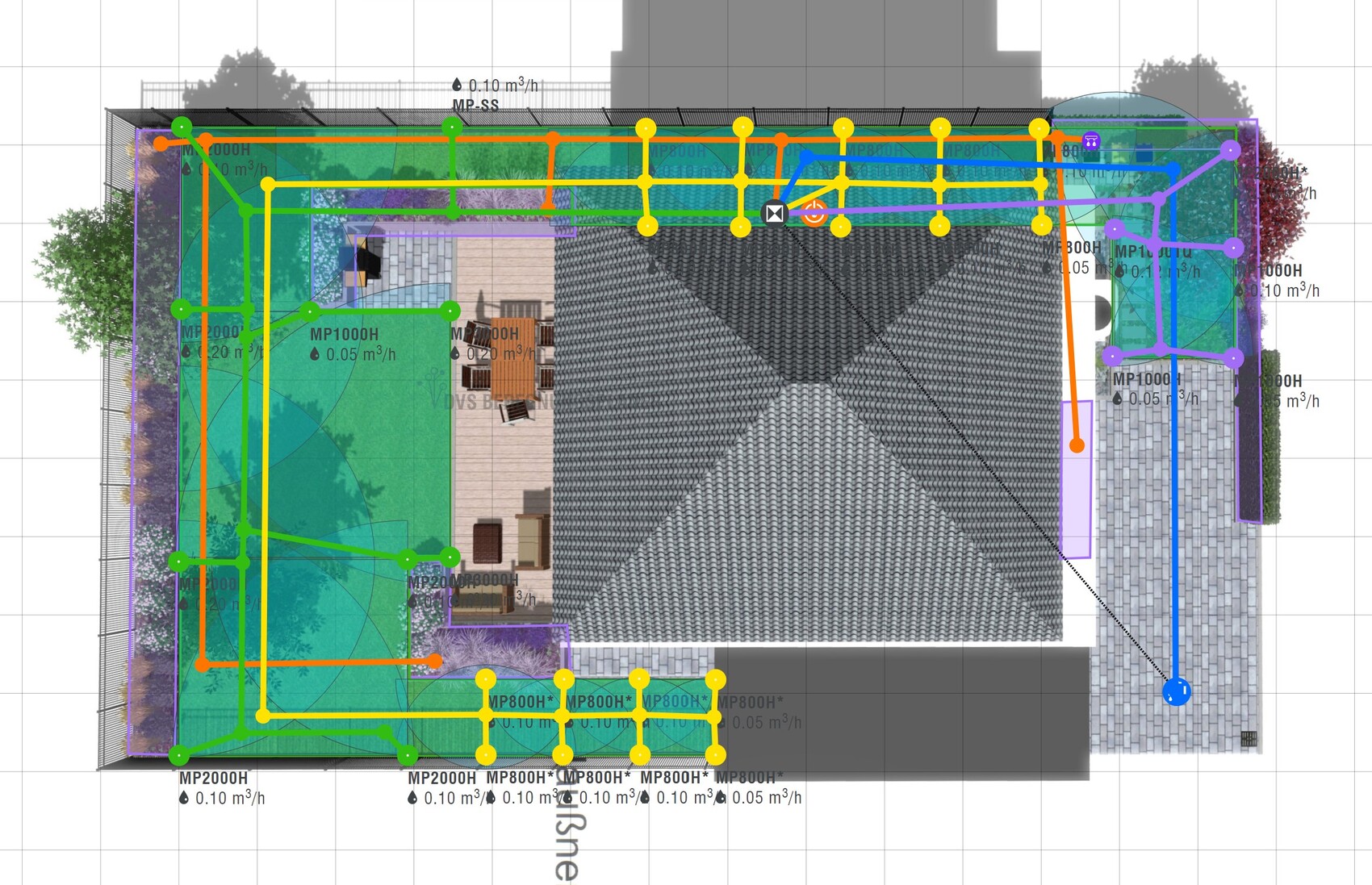 Top view house floor plan with colored pipes, nodes, and markers of an irrigation system