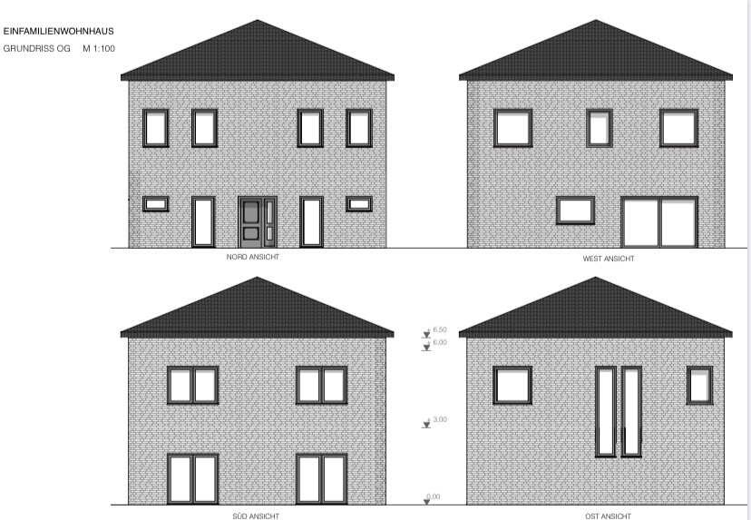 Zweigeschossiges Einfamilienhaus aus Bruchstein, vier Fassaden: Nord, West, Süd und Ost.