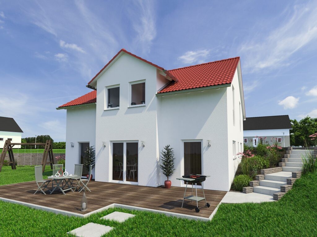 Two-story white house with red roof, wooden terrace, barbecue grill, garden, and swing.