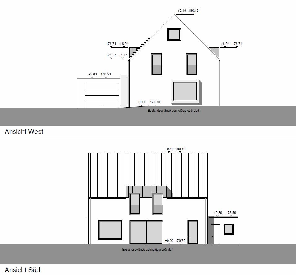 Architectural drawings: west and south elevation of a single-family house with garage.