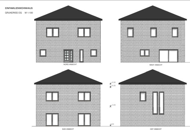 Einfamilienhaus: vier Ansichten (Nord, West, Süd, Ost); zweigeschossig, Ziegeloptik.