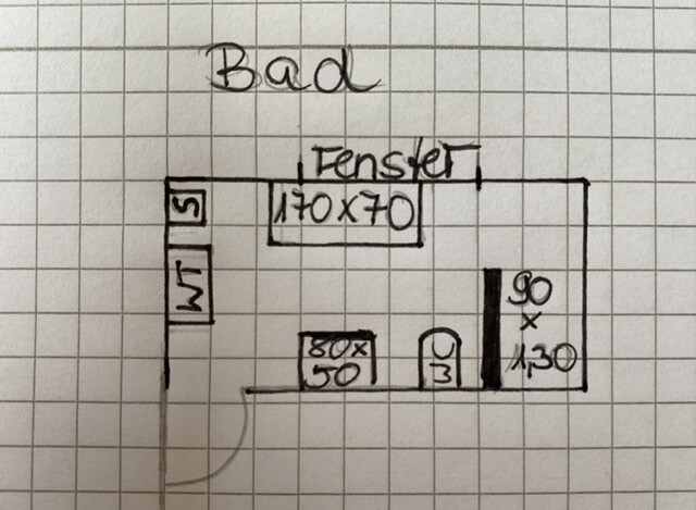 Bad Grundriss: handgezeichnetes Badezimmer, Fenster (170x70) oben, Tür links, rechte Fläche 90x130.
