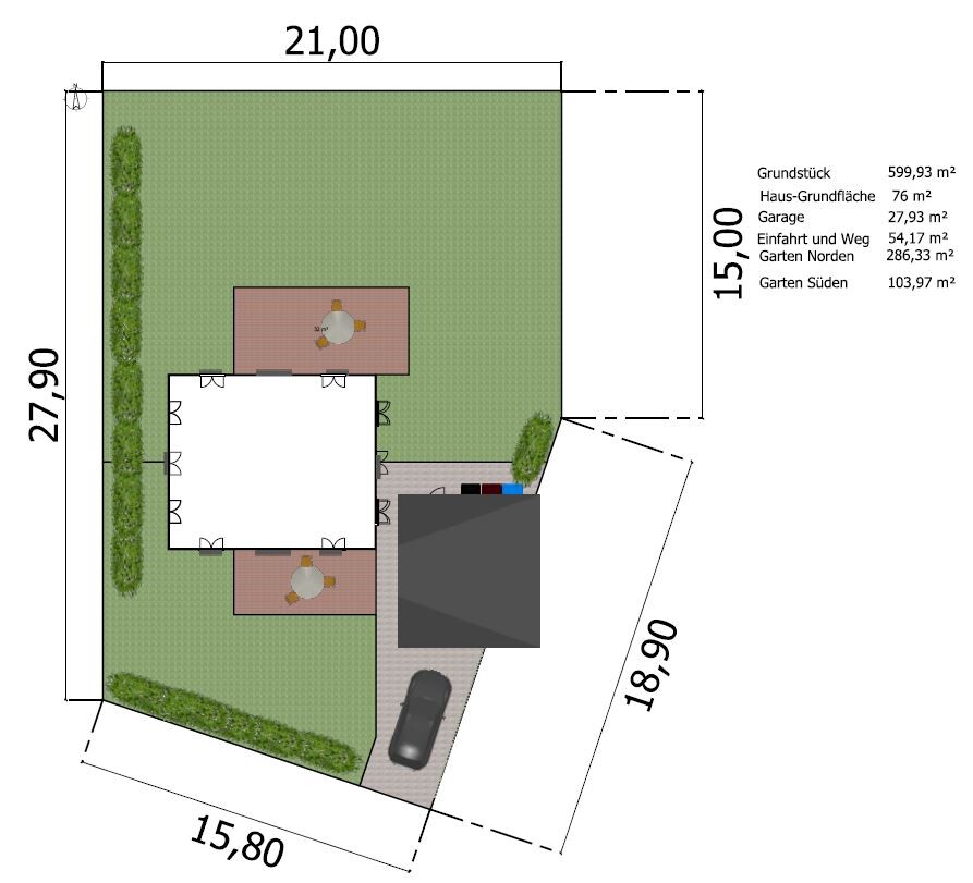 Site plan with house, garden, terrace, and driveway