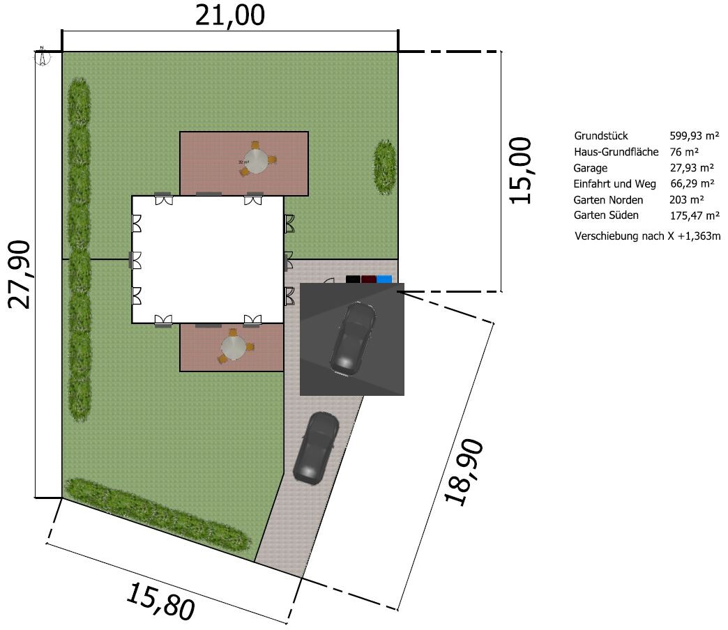 Site plan: house floor plan, garden, driveway, and parking
