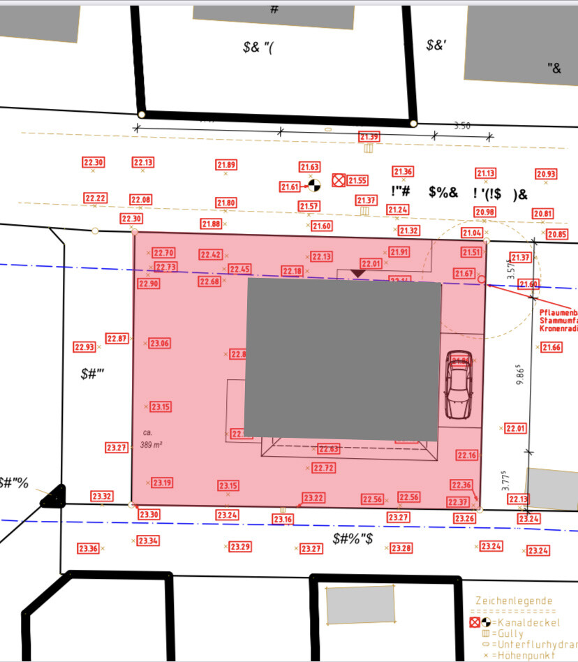Site plan: red building zone area, gray building, car parking space.