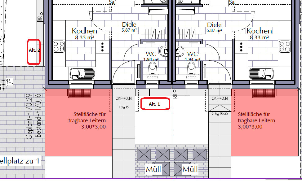 Two connected floor plans showing kitchen, hallway, and WC in both units of a building plan