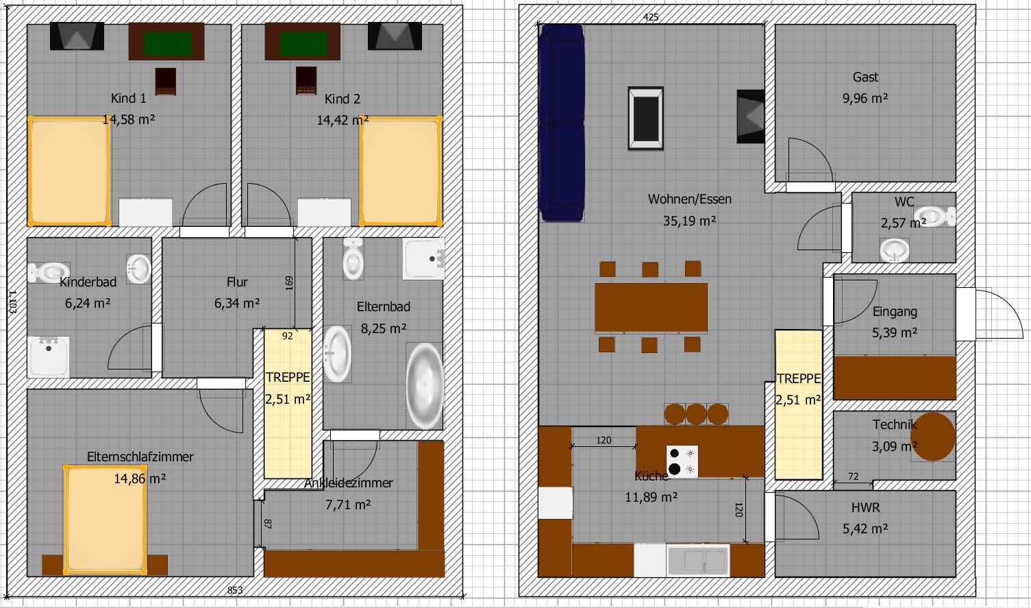 Two-story house floor plan with living and dining area, kitchen, bedrooms, and bathroom.