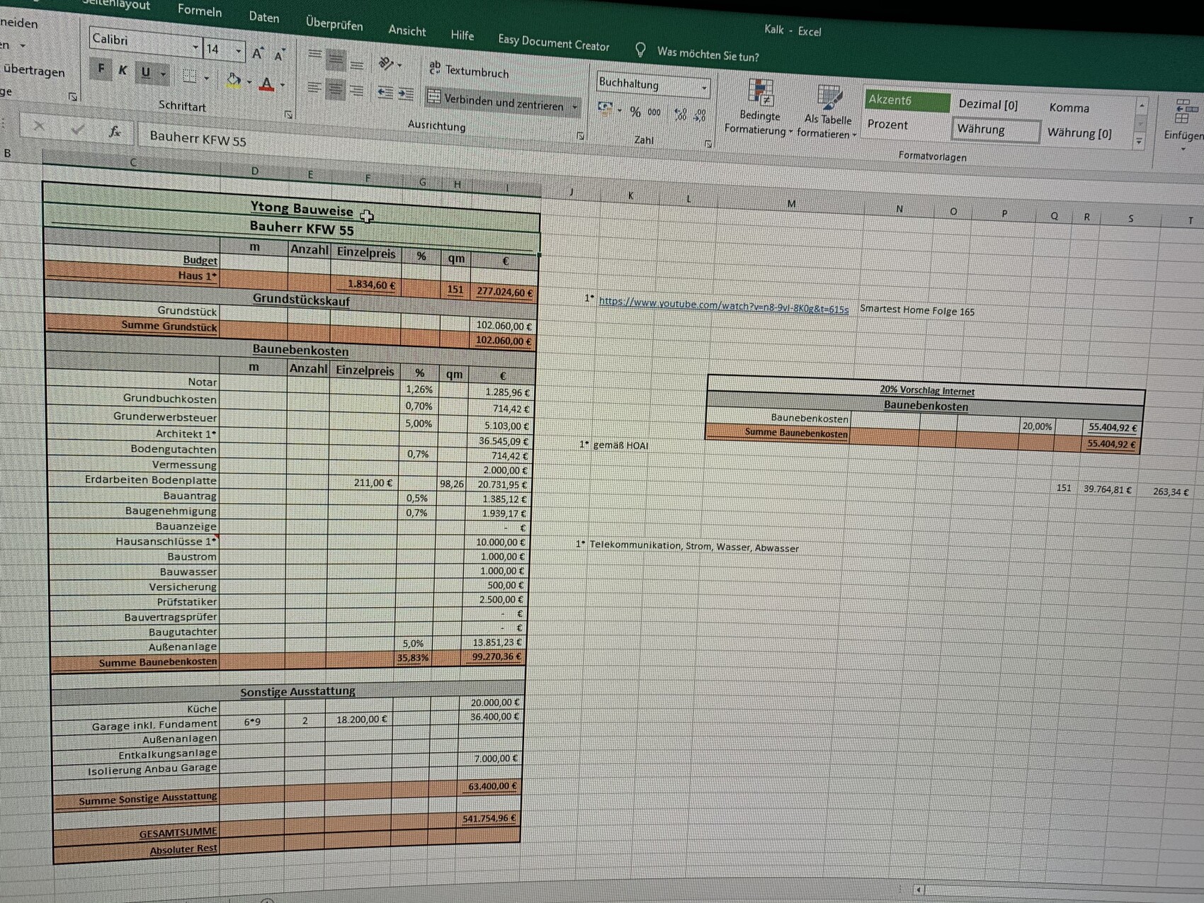 Excel building cost list for KfW-55 house: budget, land, ancillary building and other costs