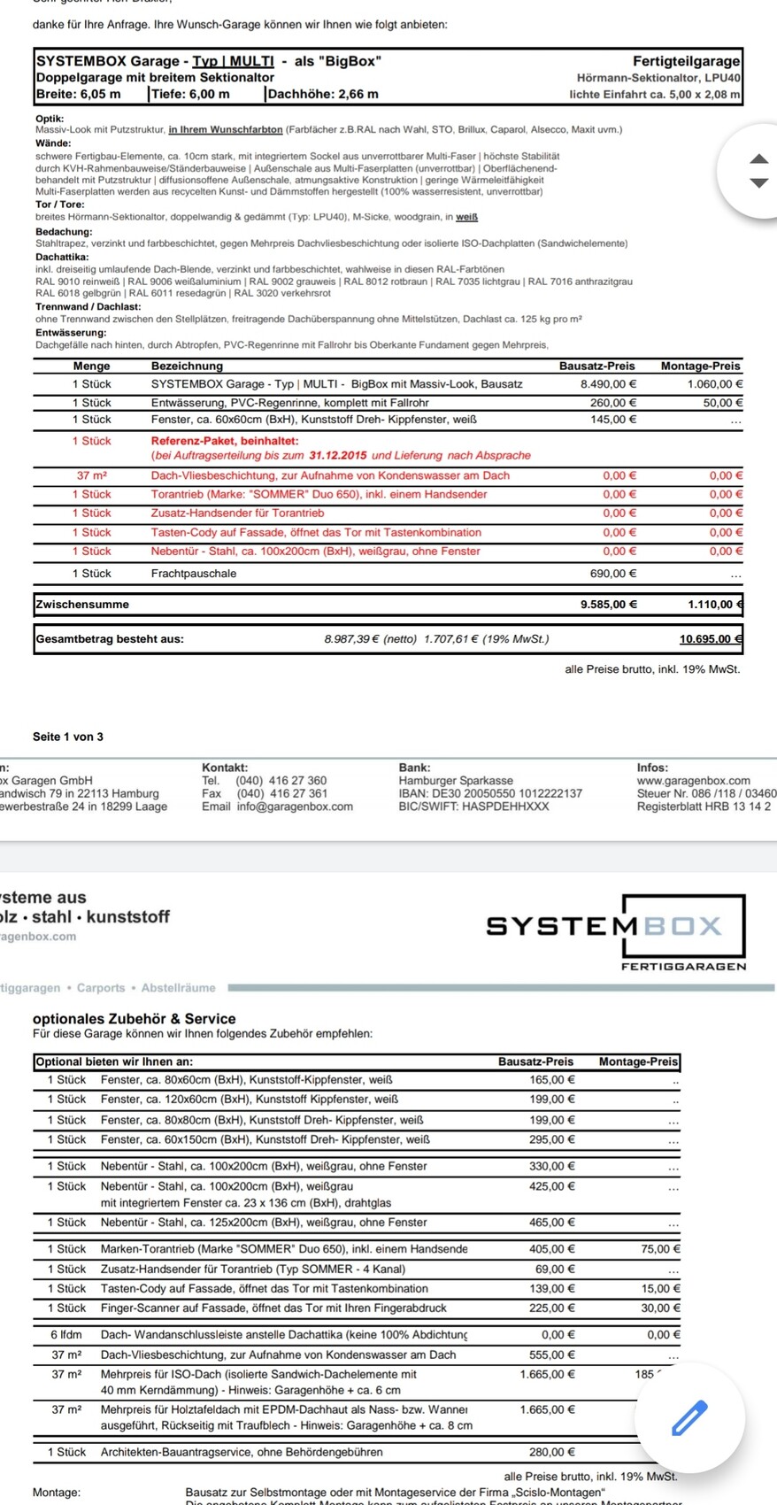 Angebotsliste SYSTEMBOX Garage Typ MULTI BigBox mit Preisen und Zubehör.