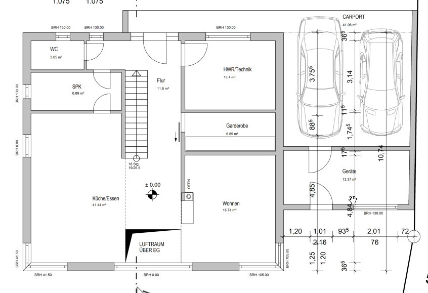 Grundriss eines Hauses mit Küche, Wohnen, Flur, WC, Garderobe, HWR und Carport mit zwei Autos.