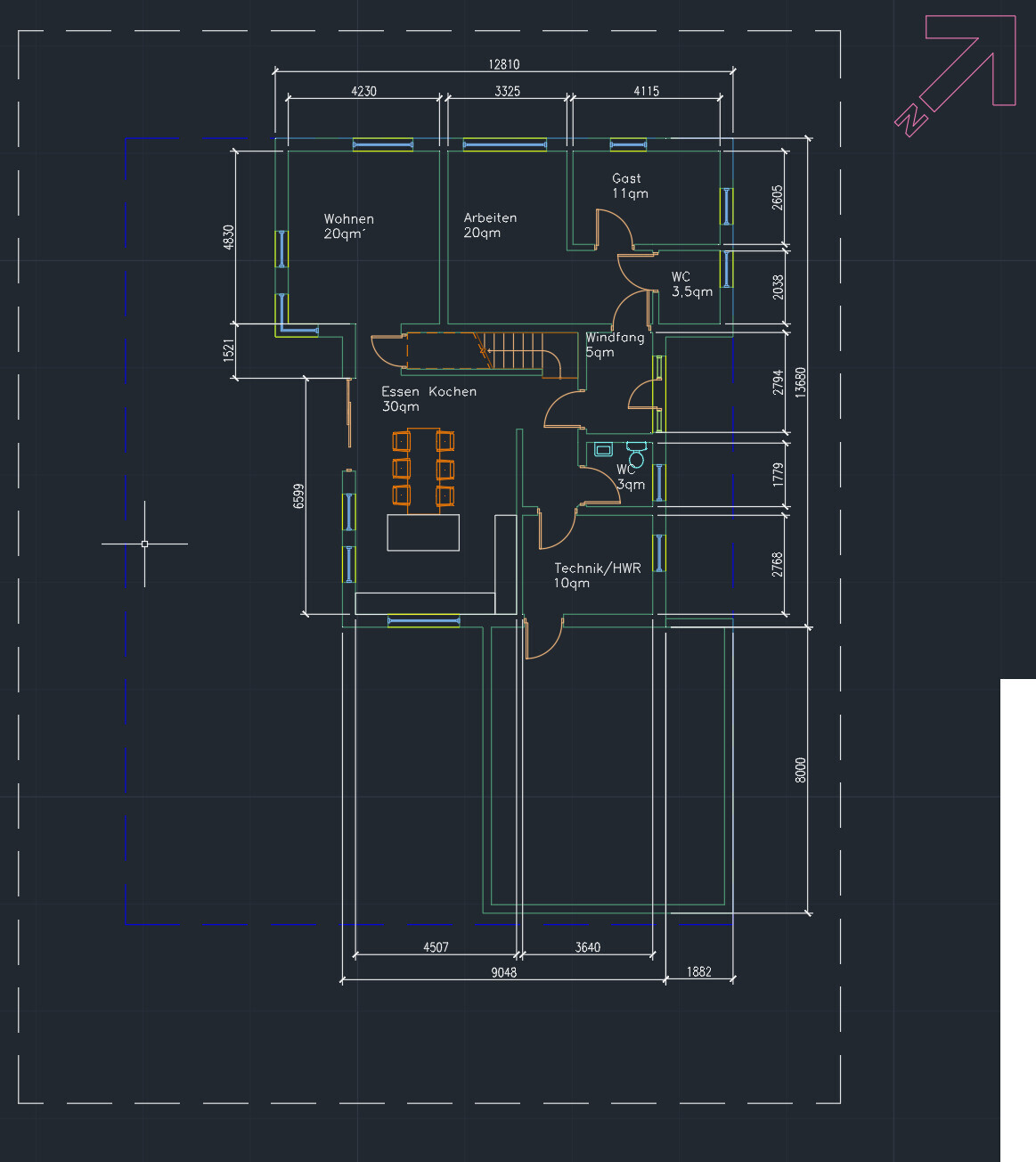 Floor plan of a house with living and dining area, kitchen, WC, entrance hall, and technical room