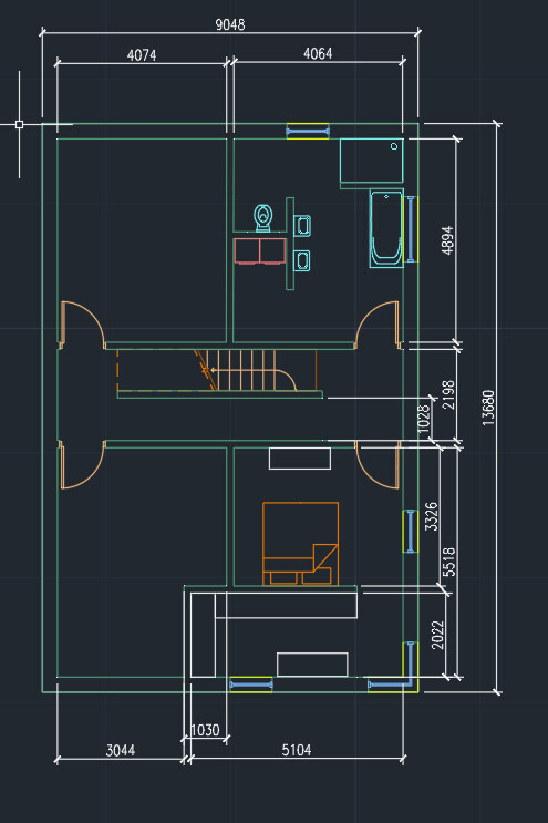 Floor plan of a house with rooms, doors, stairs, bathroom, and furniture.