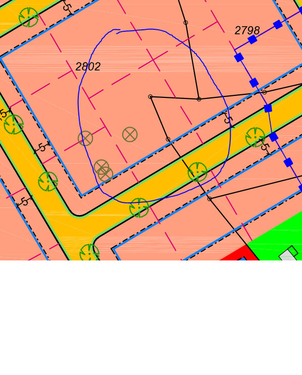 Building plan with orange parcels, yellow street, blue outlines, green circles, numbers 2802/2798