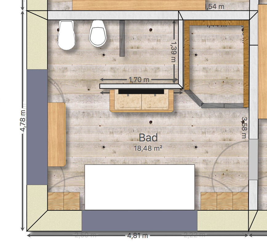 Floor plan of a bathroom with toilet area, shower, washbasin, and bathtub, 18.48 m² (199 ft²).