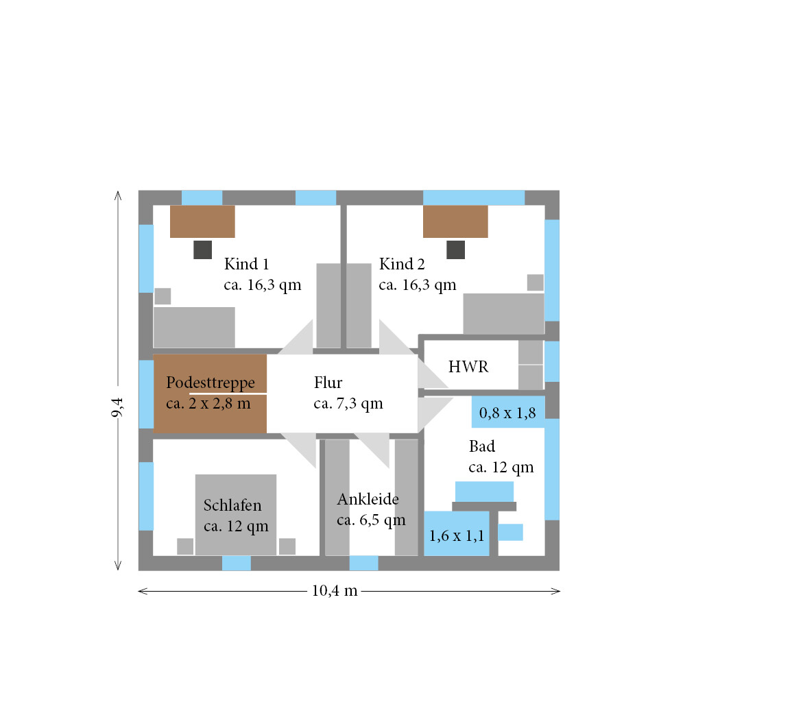 Grundriss: zwei Kinderzimmer, Schlafen, Ankleide, Bad, Flur, Treppe; Maße 10,4 m × 9,4 m.