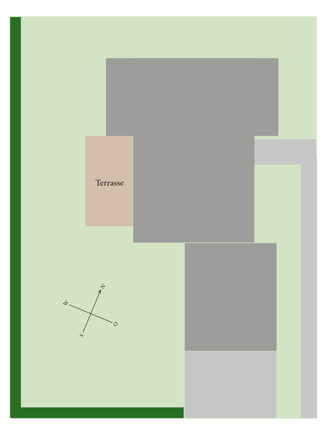 Grundriss eines Grundstücks mit Terrasse, grauen Gebäuden und Kompassrose.