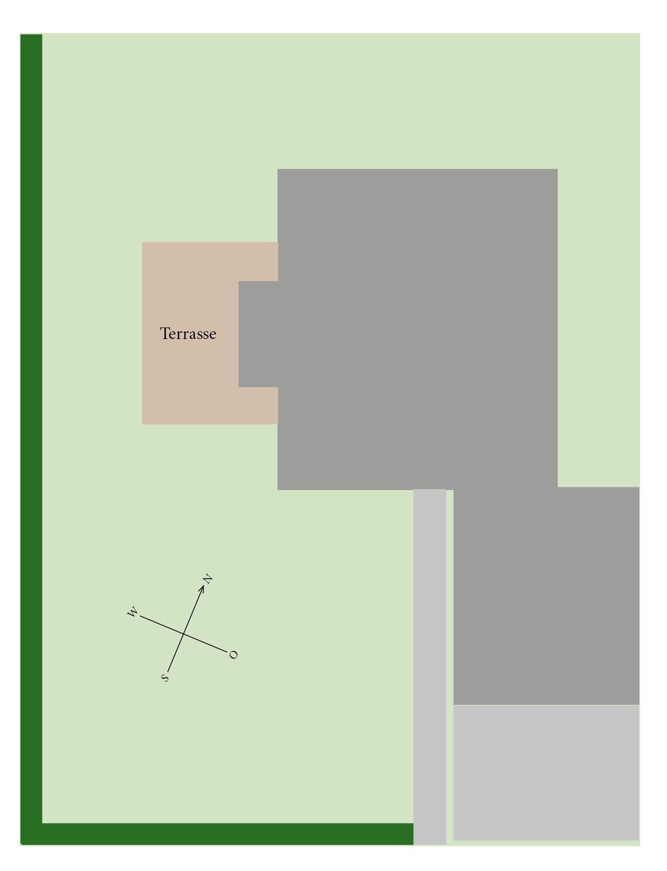Lageplan: Großes graues Gebäude mit beigefarbener Terrasse, grünem Garten und Kompass.